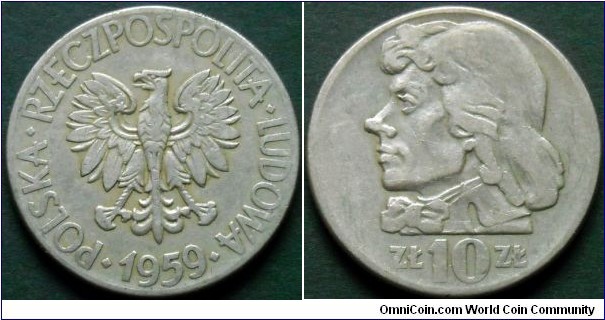 10 zlotych.
1959, Tadeusz Kosciuszko. Metal; Cu-ni
Weight 12,9g.
Diameter; 31mm.
Mintage; 13.107.000 units.
