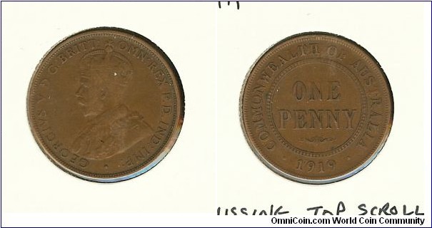 1919 Penny Die Fill Error Missing Top Scroll