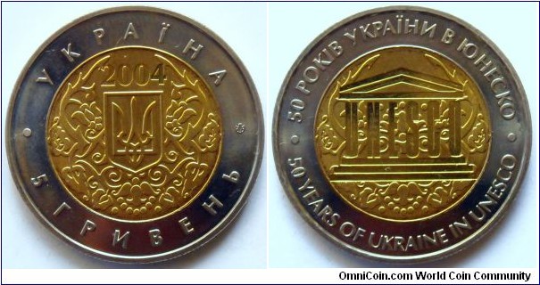 5 hryvnia.
2004, 50th Anniversary of the Ukrainian Membershipd in UNESCO.
Bimetal.
Weight; 9,40.
Diameter 28mm.
Mintage; 50.000 units.
