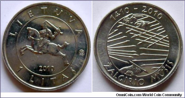 1 litas.
2010, 600th Anniversary of the Battle of Grunwald.
Cu-ni. Wight; 6,25g
Diameter; 22,30mm
Mintage; 1.000.000 units.