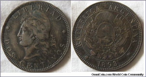 1893 2 centavos, VF grade