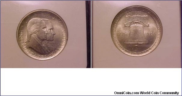 A nice unc. sesquicentennial half dollar featuring an image of Presidents Coolidge and Washington on the obverse and the Liberty Bell on the reverse. This is the first coin with an image of a President while still alive and still president!  In an NGC slab graded MS-63 but with a very weak strike.