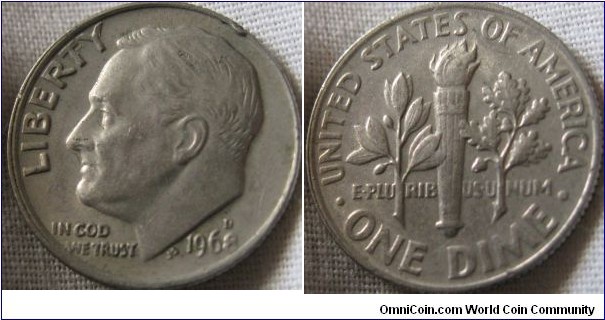 1968 D dime, EF, weak strike