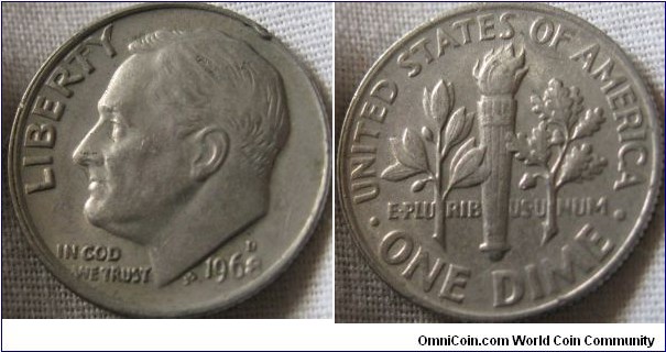 1968 D dime, EF, weak strike