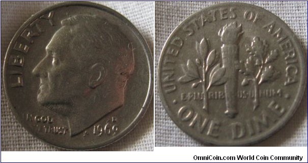 1969 D dime, EF reverse weak strike