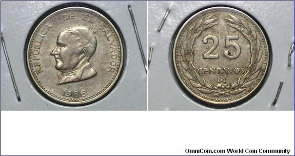 El Salvador 1986 25 Centavos Km# 139a 