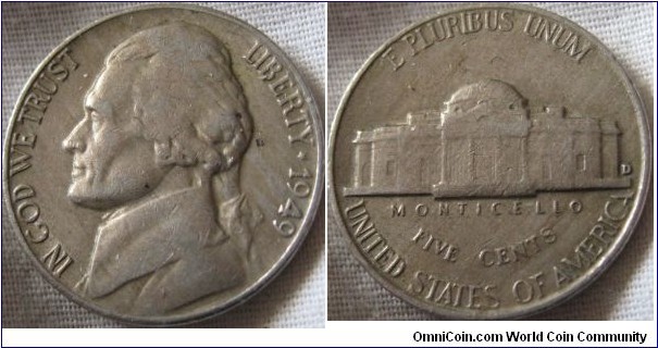 1949 D 5 cents, F grade