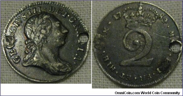 1784 maundy 2 pence, VF but holed