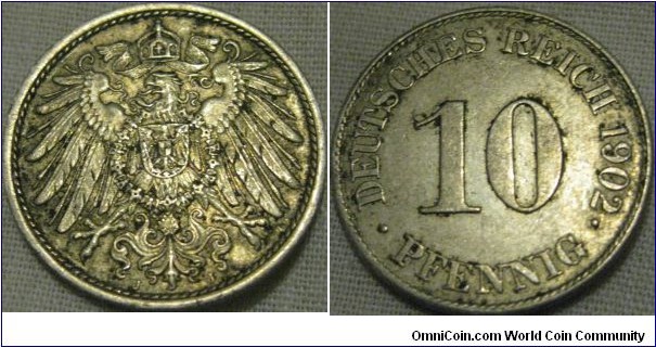 1902 J 10 pfennig, 815k mintage EF grade, quite scarce