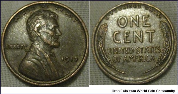 1913 cent, EF grade no lustre