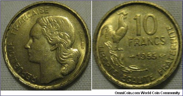 1955 10 francs, EF with full lustre