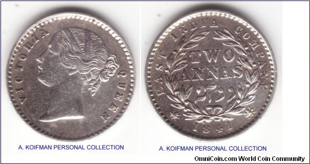 KM-460.?, 1841 British India 2 annas; silver, plain edge; I cannot determine the sub-type, except for it has raised WW on truncation; divided legend type, large portrait of Victoria, good very fine for details but cleaned.