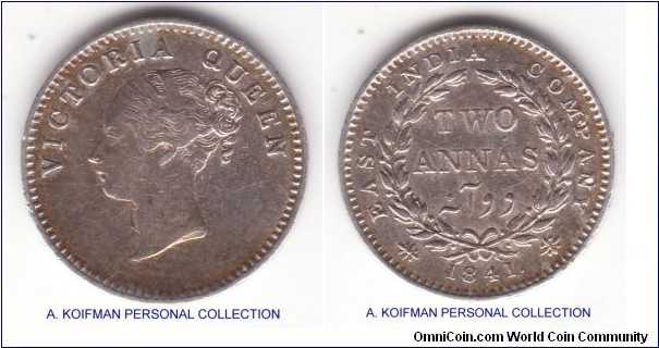 KM-459.?, 1841 British India 2 annas; silver, plain edge; although I cannot find a crescent on the left bow ribbon, I can't be sure this is 459.1 type; continuous legend on obverse, smaller Victoria portrait, extra fine for wear but some scratches and rim dings.