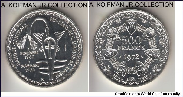 KM-E7, 1972 West African States 500 francs; essai, silver, reeded edge;  10'th anniversary of the monetary union commemorative, mintage either 1,300 (Numista) or 2,000 (Krause), bright uncirculated.