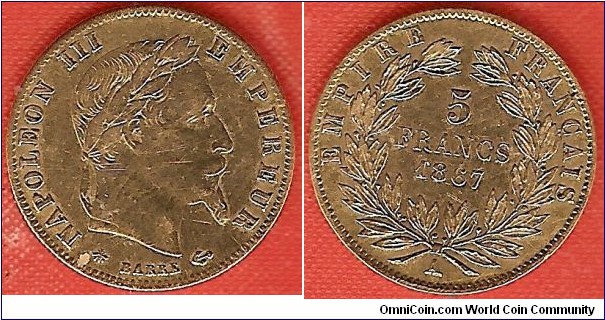 5 Francs Napoleon III Laureate head, designer Albert Désiré Barre, Paris Mint, 0.900 gold