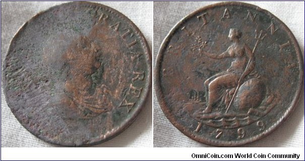 1799 halfpenny, would be VF but for obliterated obverse