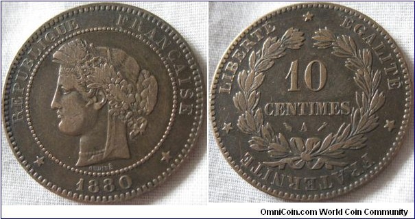 1880 10 centimes, nice looking coin but obvious wear on obverse
