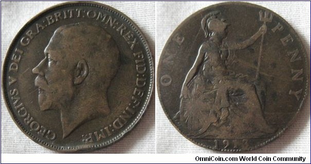 1913 penny, reverse wear knocks it down, obverse grade is similar to the previous 1913, but the ding doesnt help the grade either