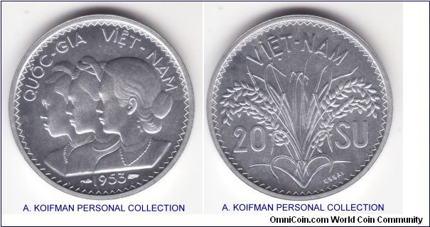 KM-E2, 1953 South Vietnam 20 Su essai, Paris mint; aluminum, plain edge; bright uncirculated specimen with litly toned reverse, mintage 1,200, from the 3 coin set of the Paris mint.

