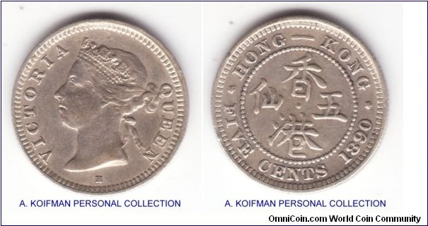 KM-5, 1891 Hong Kong 5 cents, Heaton mint; silver, reeded edge; good extra fine to about uncirculated