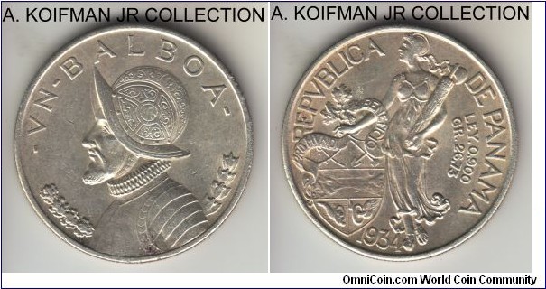 KM-13, 1934 Panama balboa, San Francisco mint; silver, reeded edge; 3-year type, average uncirculated or almost, few bag marks.