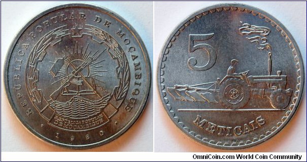 5 meticais.
1980, Aluminum.
Weight; 2,6g
Diameter; 24,5mm
Mintage; 7.736.000 units.