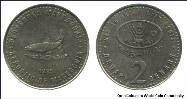 Macedonia, 2 denars, 1995, Brass, 25.5mm, 6.2g, 1945-1995, FAO, Fiat panis, Flying fish.