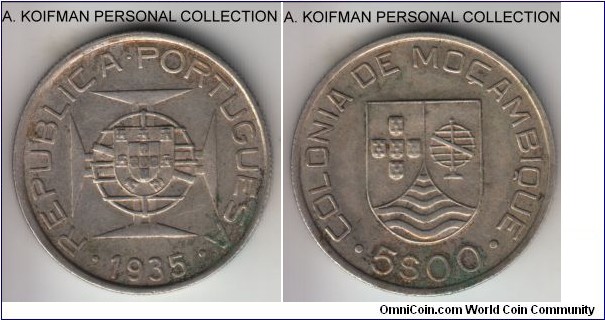 KM-62, 1935 Portuguese Mozambique (Colony) 5 escudos, silver, reeded edge; extra fine, dirty and interestingly toned, scarcer early 20'th century colonial period.