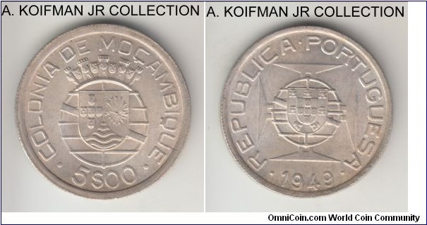 KM-69, 1949 Portuguese Mozambique 5 escudos, silver, reeded edge; nice good extra fine to about uncirculated specimen with luster, small spot on reverse