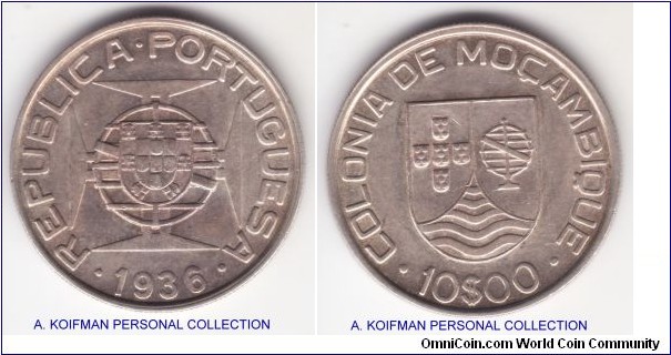 KM-67, 1936 Portuguese Mozambuque 10 escusos; silver, reeded edge; nice good extra fine specimen.