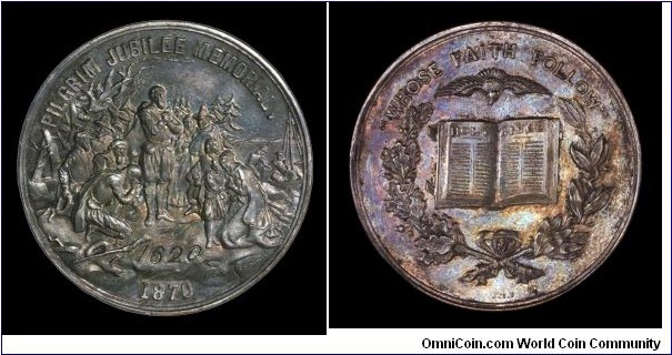 Silver-plated so-called dollar commemorating the Landing of the Pilrims.
