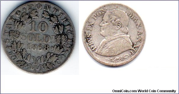 Papal States 
10 Soldi
Pius IX 