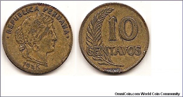 10 Centavos
KM#224.1
Brass   Obv: Head right with short legend Rev: Value to right of sprig Note: Thick planchet.