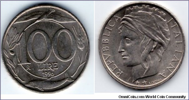 100 Lira
Seagull/Olive branch/Ear of wheat/Dolphin
allegorical portrait Italia turreted head  
R mm =Rome
By:Laura Cretara 