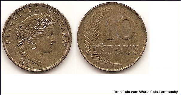 10 Centavos
KM#226.2
Brass   Obv: Head right Rev: Value to right of sprig