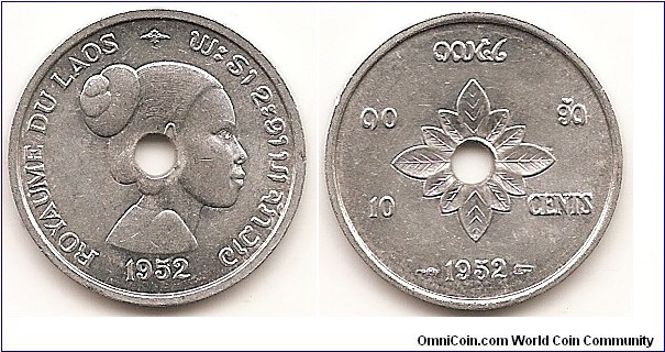 10 Cents
KM#4
1.3200 g., Aluminum, 23 mm.   Ruler: Sisavang Vong Obv: Center hole in head right Rev: Center hole in flower design above date
