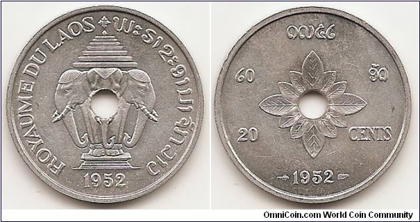 20 Cents
KM#5
2.2300 g., Aluminum, 27 mm.   Ruler: Sisavang Vong Obv: Center hole within conjoined elephants above date Rev: Center hole within flower design above date