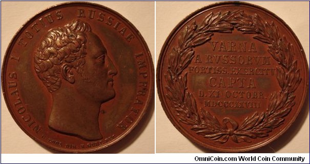 AE Medal commemorating the capture of Varna in 1828 during the Russo-Turkish war. Struck in Berlin in 1830.