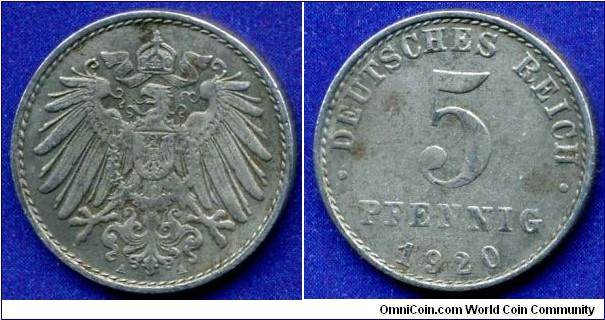 5 pfennig.
Germany.
*A* - Berlin mint.
Mintage 143,418,000 units.


Fe.