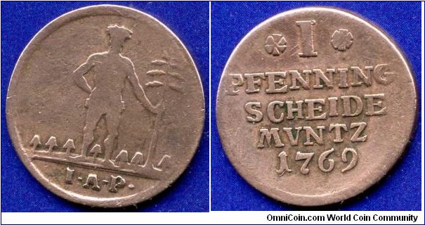 1 pfenning (Scheide Müntz).
Braunschweig-Wolfenbüttel.
*IAP* - mintmaster Johann Anton Pfeffer, work on Zellerfeld mint in 1763-73.


Cu.