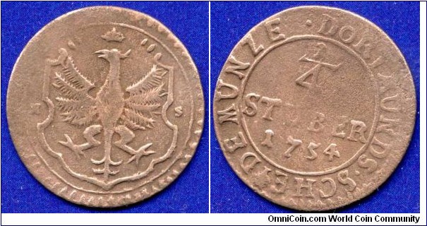 1/4 stuber.
Dortmund Stadt.
Städtische Prägungen.
*HS* - mintmaster Henrich Schwarze 1752-58.


Cu.