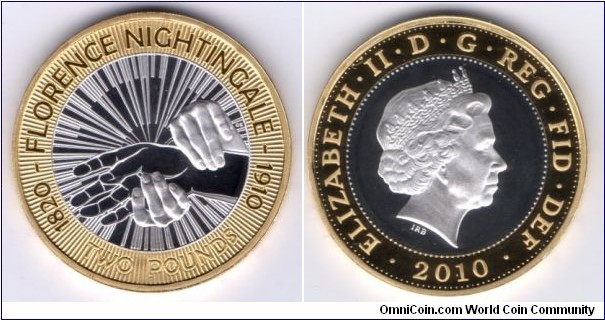 £2 Silver & Gold Proof
100th Anniversery of the Death of Florence Nightingale Designed by Gordon Summers Queens head by IR Broadley 