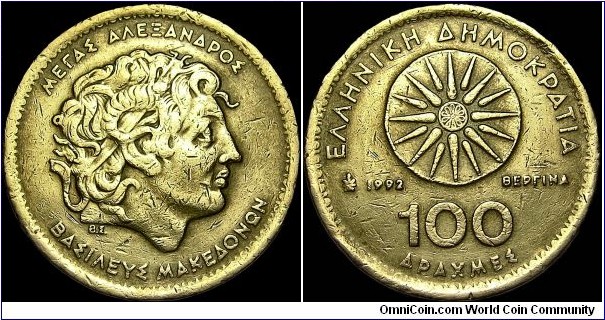 Greece - 100 Drachmes - 1992 - Weight 10,2 gr - Brass - Size 29,3 mm - Thickness 2,22 mm - Alignment : Medal (0) - President / Konstantinos Karamanlis (1990-95) - Subject / Alexander the great - Obverse Designer / V Sampatakos - Edge : Mills and smooth section - Reference KM# 159 (1990-2000) 