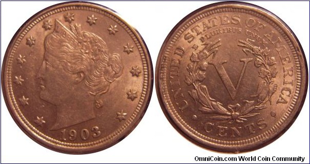 1903 Liberty Head V nickel - AU - mintage: 28.0 million