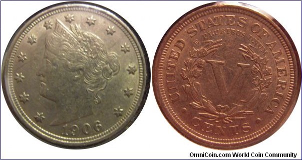 1906 Liberty Head V nickel - AU - mintage: 38.6 million
