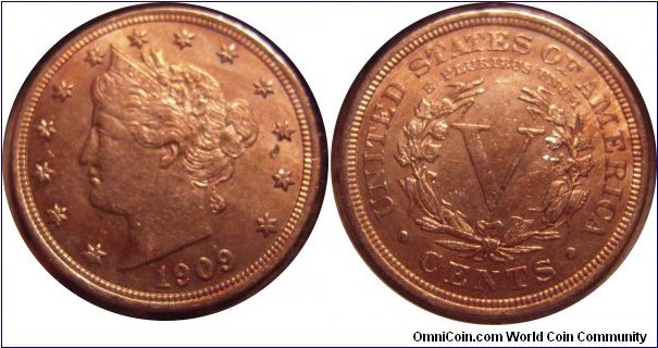 1909 Liberty Head V nickel - AU - mintage: 11.6 million