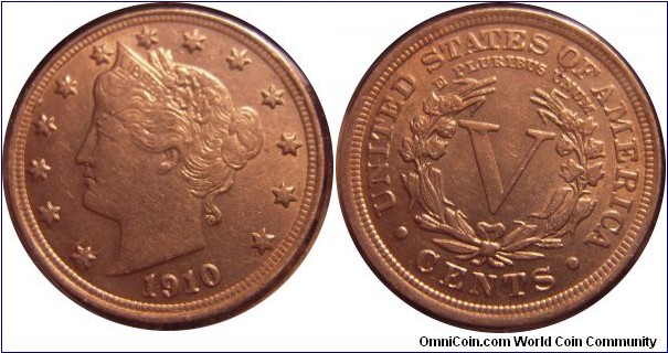 1910 Liberty Head V nickel - AU - mintage: 30.2 million