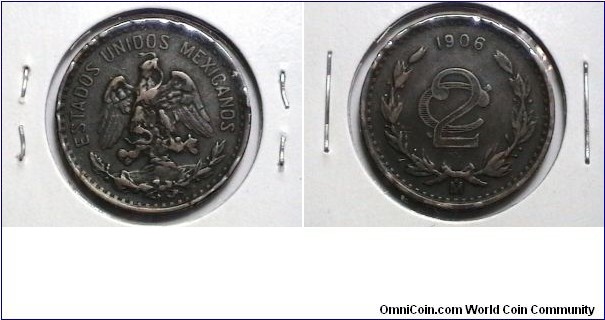 Mexico 1906 2 Centavos Km# 419 