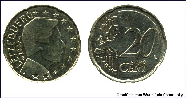 Luxembourg, 20 cents, 2007, Cu-Al-Zn-Sn, 22.25mm, 5.74g, Grand Duke Henry, Complete Europe map.
