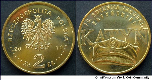 2 zlote.
70th Anniversary of the Katyn Forest Massacre.
Metal; Nordic Gold.
Weight; 8,15g.
Diameter; 27mm.
Mintage; 1.000.000 units.
